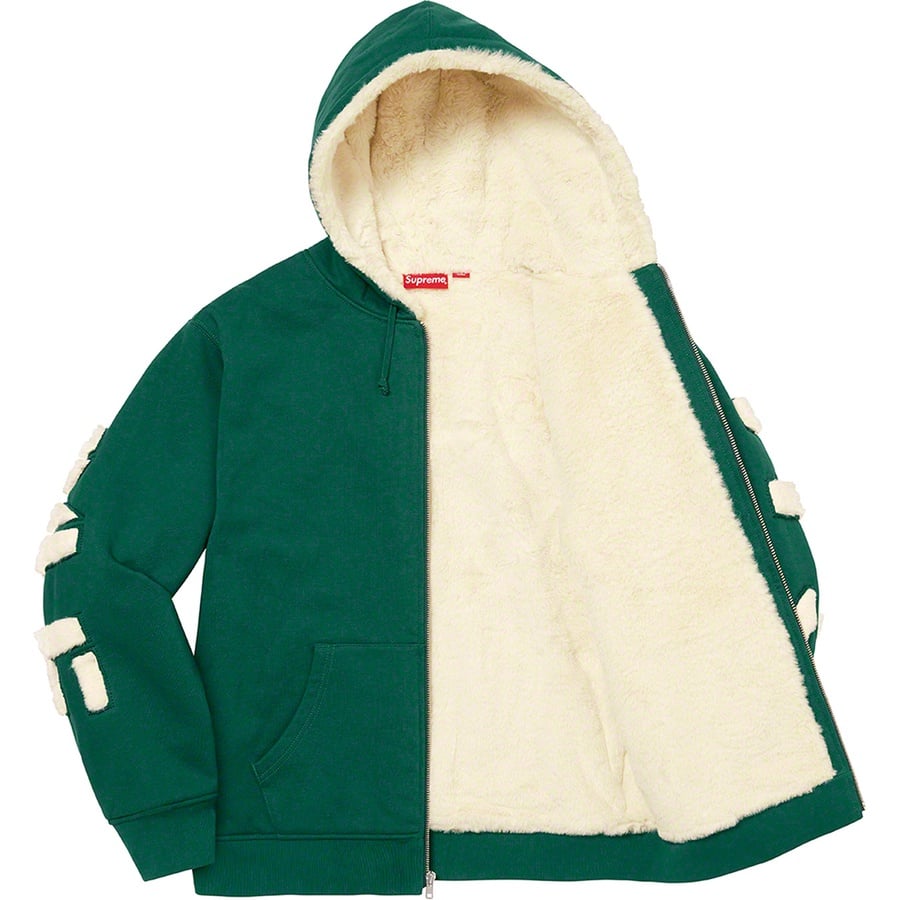 Details on Faux Fur Lined Zip Up Hooded Sweatshirt Dark Green from fall winter 2022 (Price is $198)