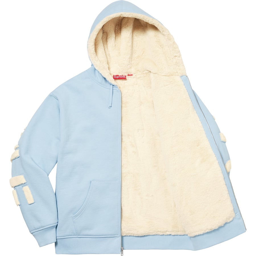 Details on Faux Fur Lined Zip Up Hooded Sweatshirt Light Blue from fall winter 2022 (Price is $198)