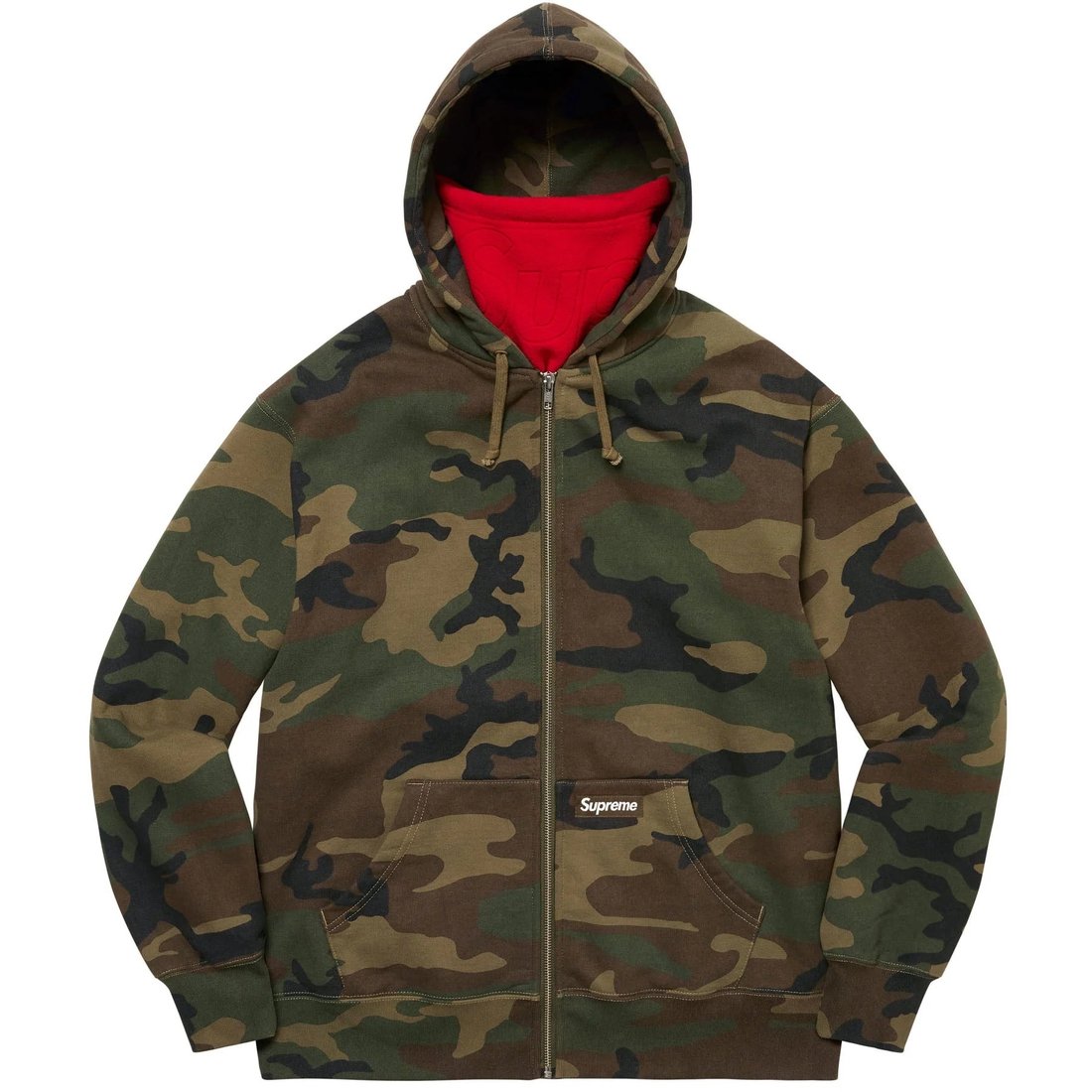 Details on Double Hood Facemask Zip Up Hooded Sweatshirt Woodland Camo from fall winter 2022 (Price is $168)