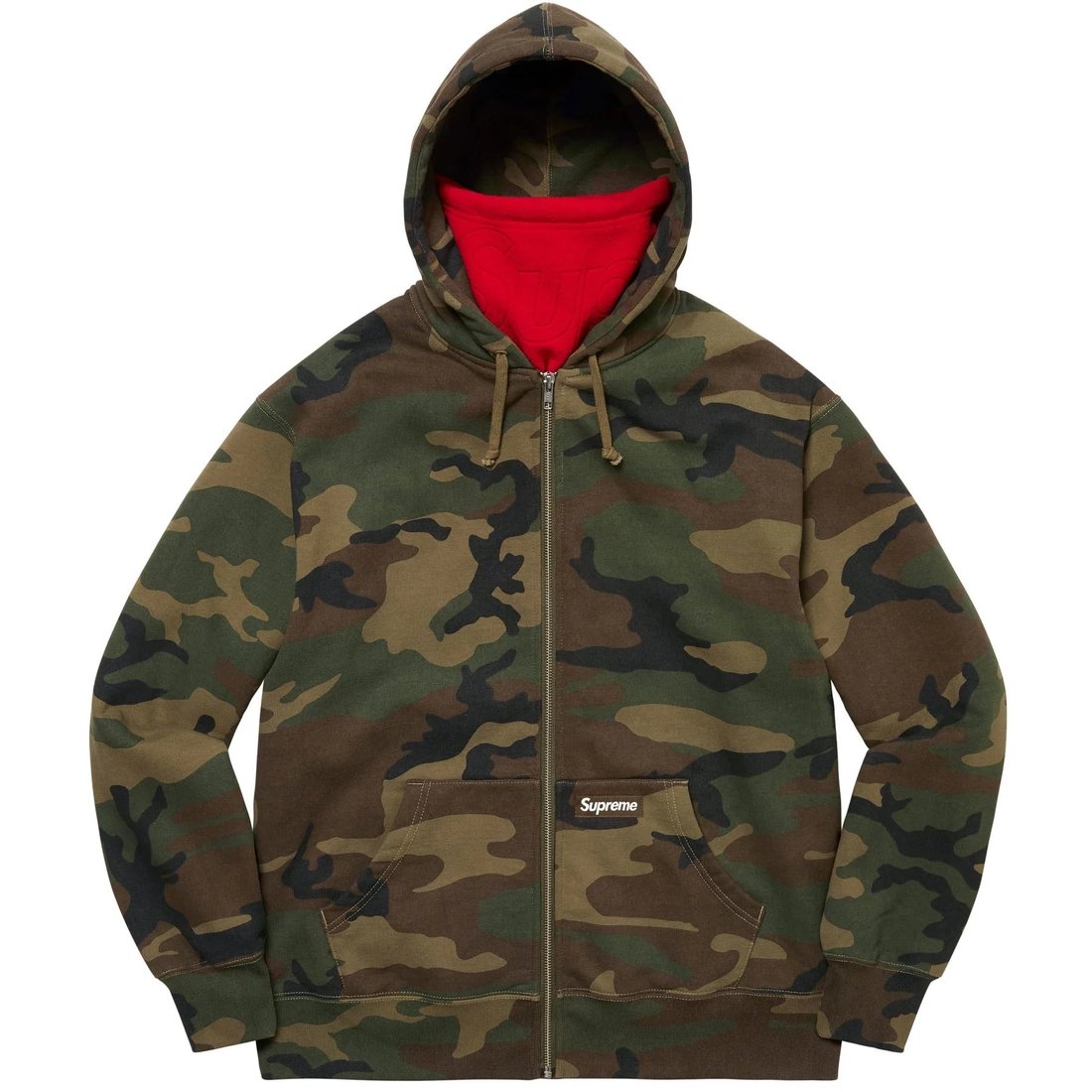 Details on Double Hood Facemask Zip Up Hooded Sweatshirt Woodland Camo from fall winter
                                                    2022 (Price is $168)