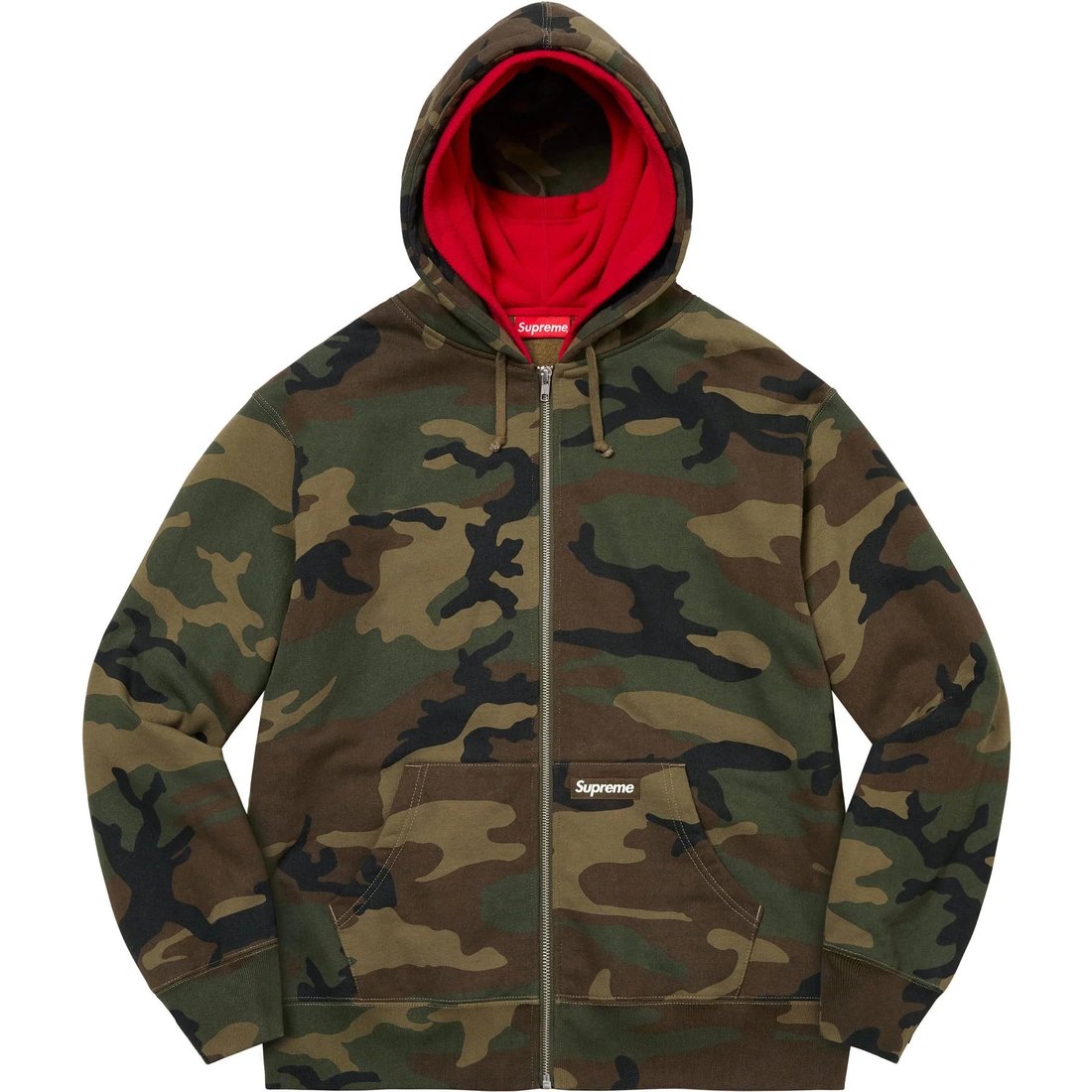 Details on Double Hood Facemask Zip Up Hooded Sweatshirt Woodland Camo from fall winter 2022 (Price is $168)