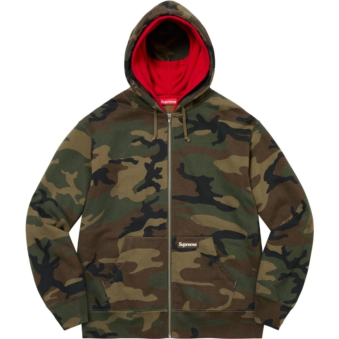 Details on Double Hood Facemask Zip Up Hooded Sweatshirt Woodland Camo from fall winter
                                                    2022 (Price is $168)