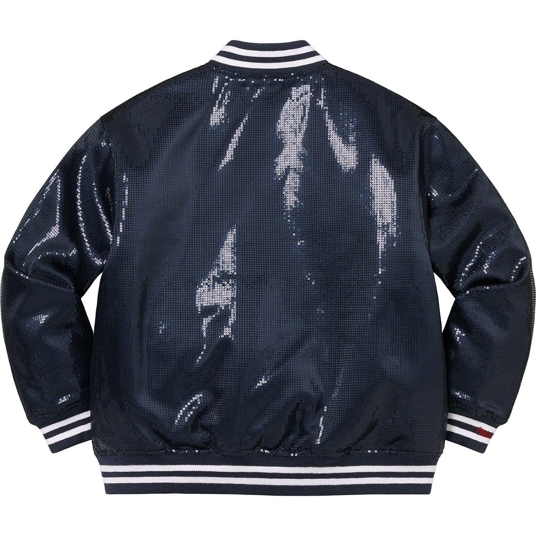 Details on Supreme Mitchell & Ness Sequin Varsity Jacket Navy from spring summer 2023 (Price is $398)