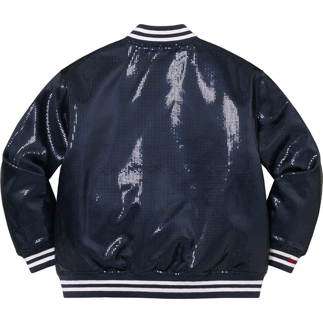 Details on Supreme Mitchell & Ness Sequin Varsity Jacket Navy from spring summer
                                                    2023 (Price is $398)