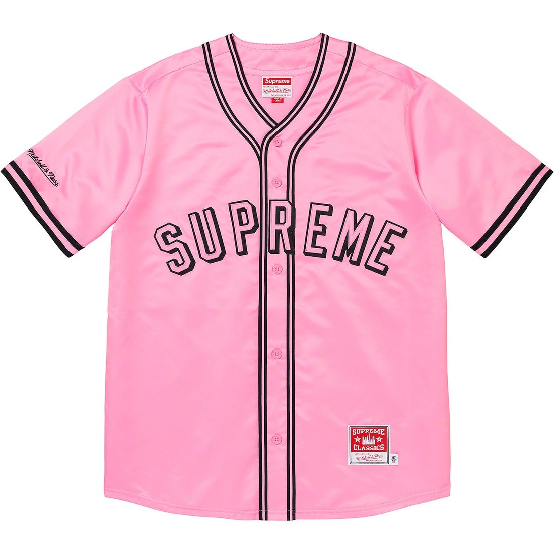 Details on Supreme Mitchell & Ness Satin Baseball Jersey Pink from spring summer
                                                    2023 (Price is $158)