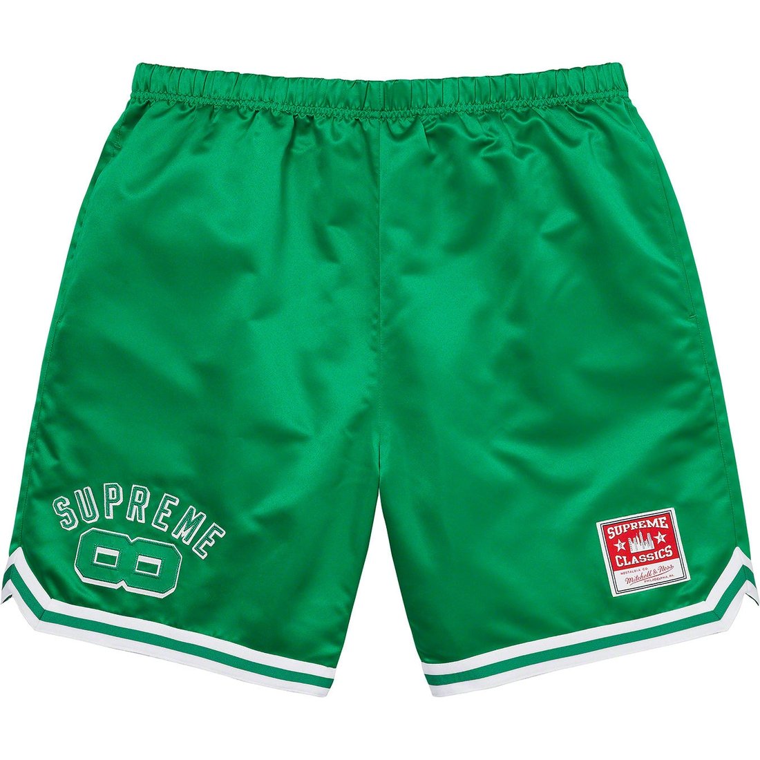 Details on Supreme Mitchell & Ness Satin Basketball Short Green from spring summer 2023 (Price is $138)