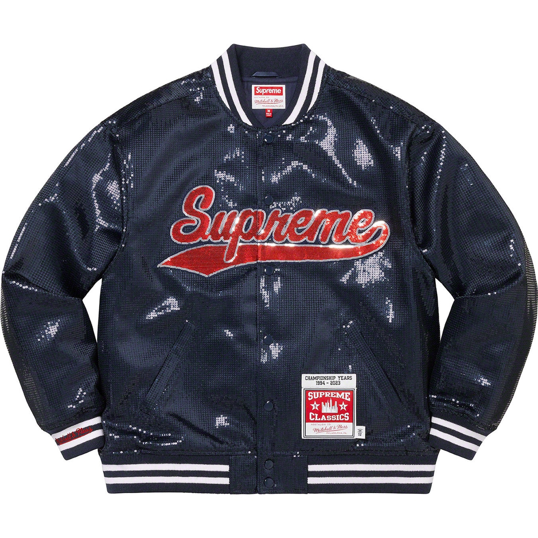 Details on Supreme Mitchell & Ness Sequin Varsity Jacket Navy from spring summer 2023 (Price is $398)
