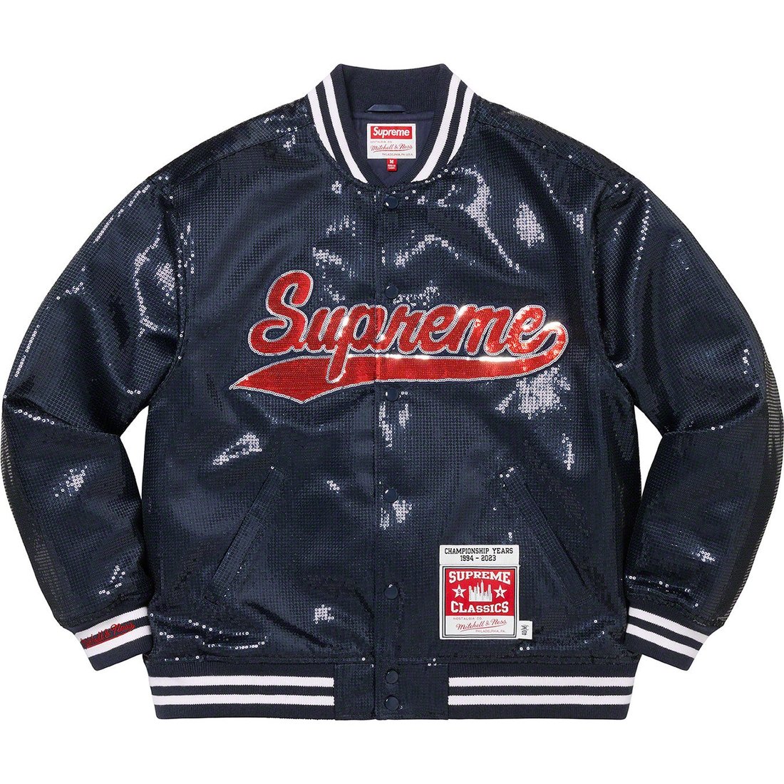 Details on Supreme Mitchell & Ness Sequin Varsity Jacket Navy from spring summer
                                                    2023 (Price is $398)