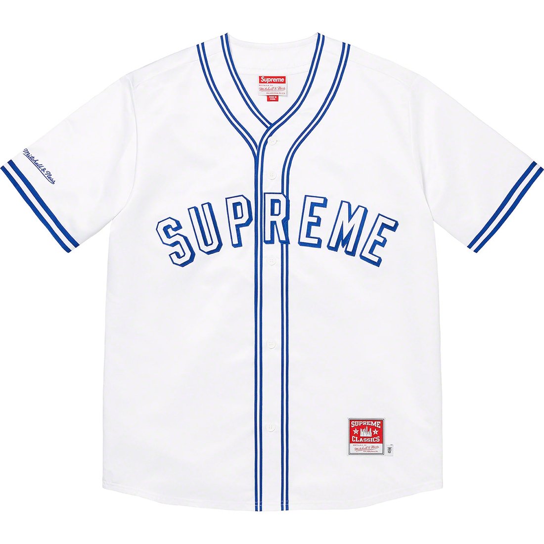 Details on Supreme Mitchell & Ness Satin Baseball Jersey White from spring summer
                                                    2023 (Price is $158)