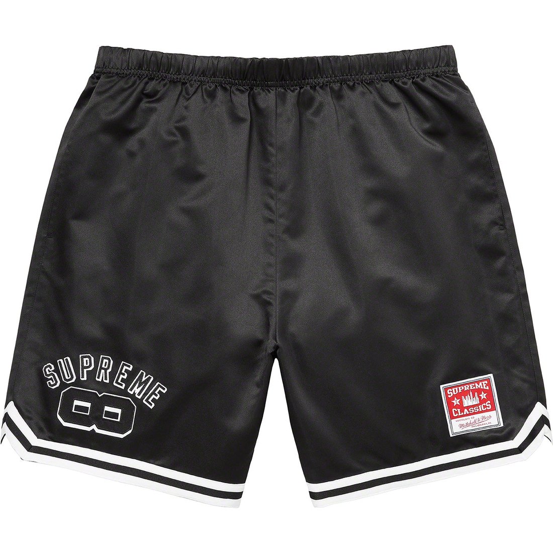 Details on Supreme Mitchell & Ness Satin Basketball Short Black from spring summer 2023 (Price is $138)
