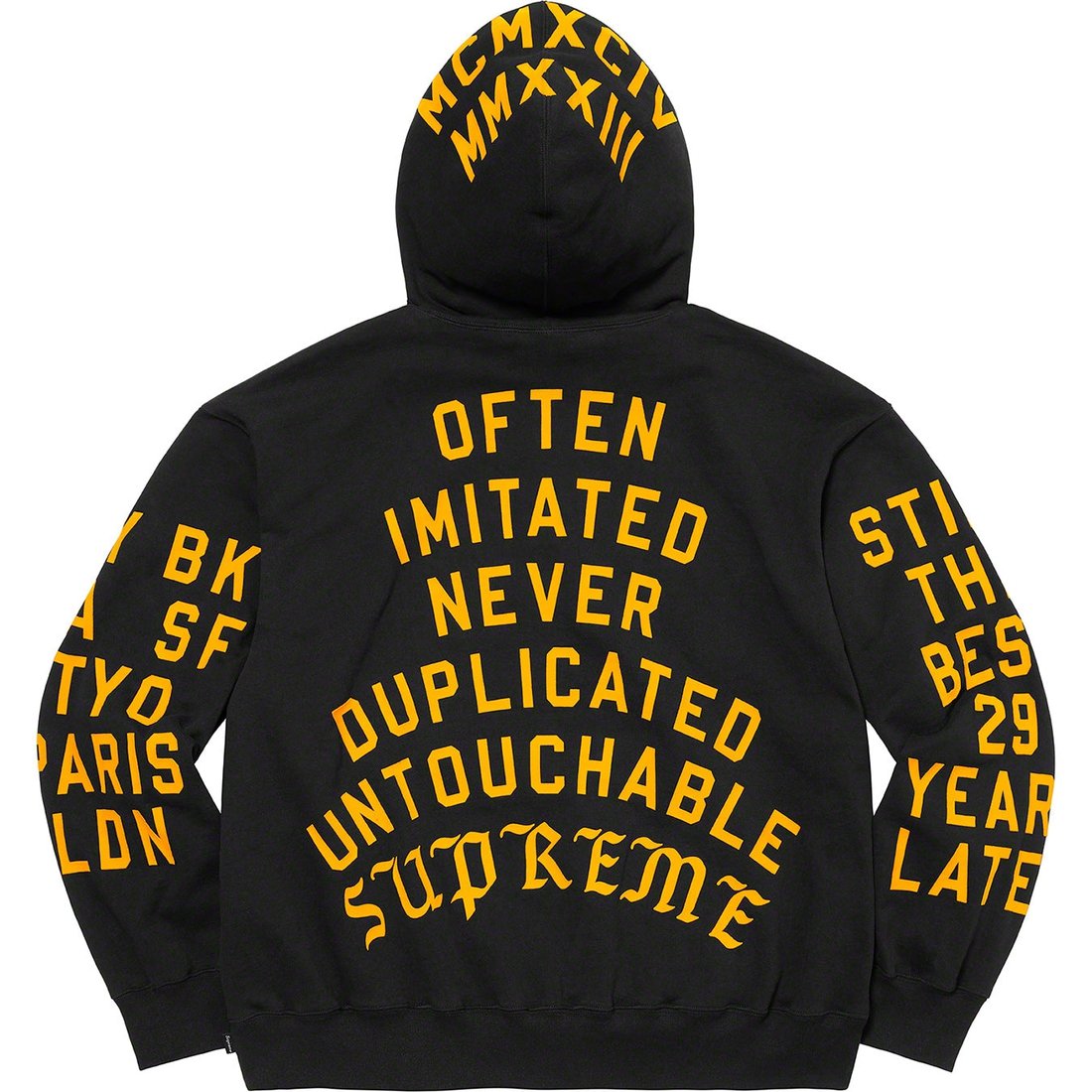 Details on Supreme Team Flocked Hooded Sweatshirt Black from spring summer 2023 (Price is $178)