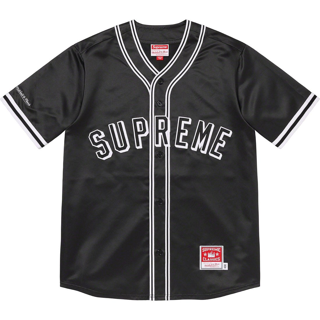 Details on Supreme Mitchell & Ness Satin Baseball Jersey Black from spring summer
                                                    2023 (Price is $158)