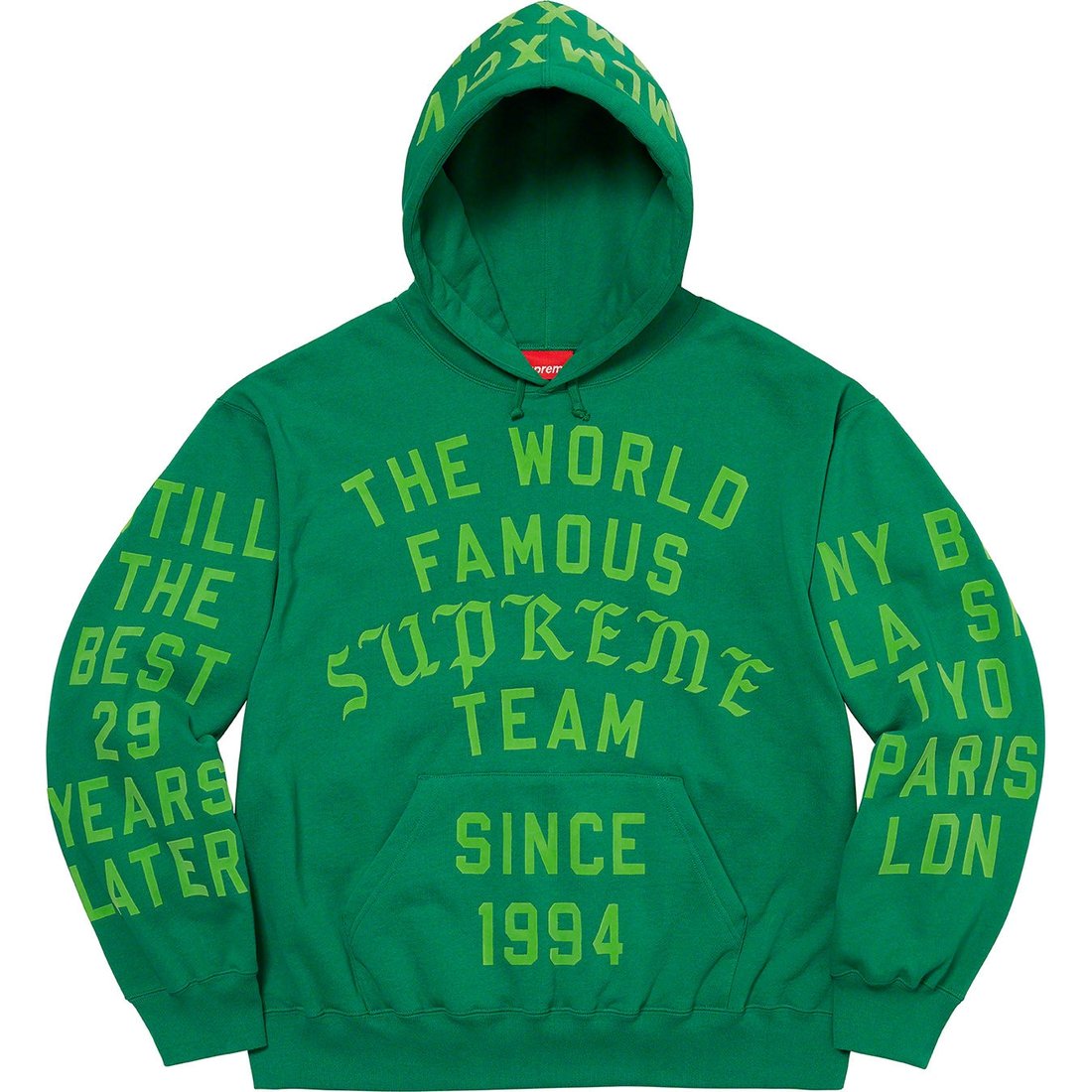 Details on Supreme Team Flocked Hooded Sweatshirt Green from spring summer 2023 (Price is $178)