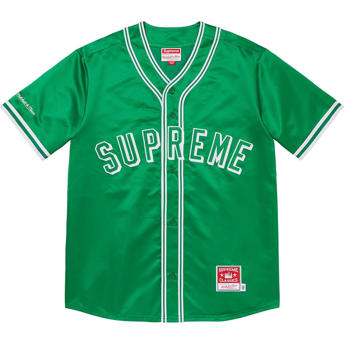 Details on Supreme Mitchell & Ness Satin Baseball Jersey Green from spring summer
                                                    2023 (Price is $158)