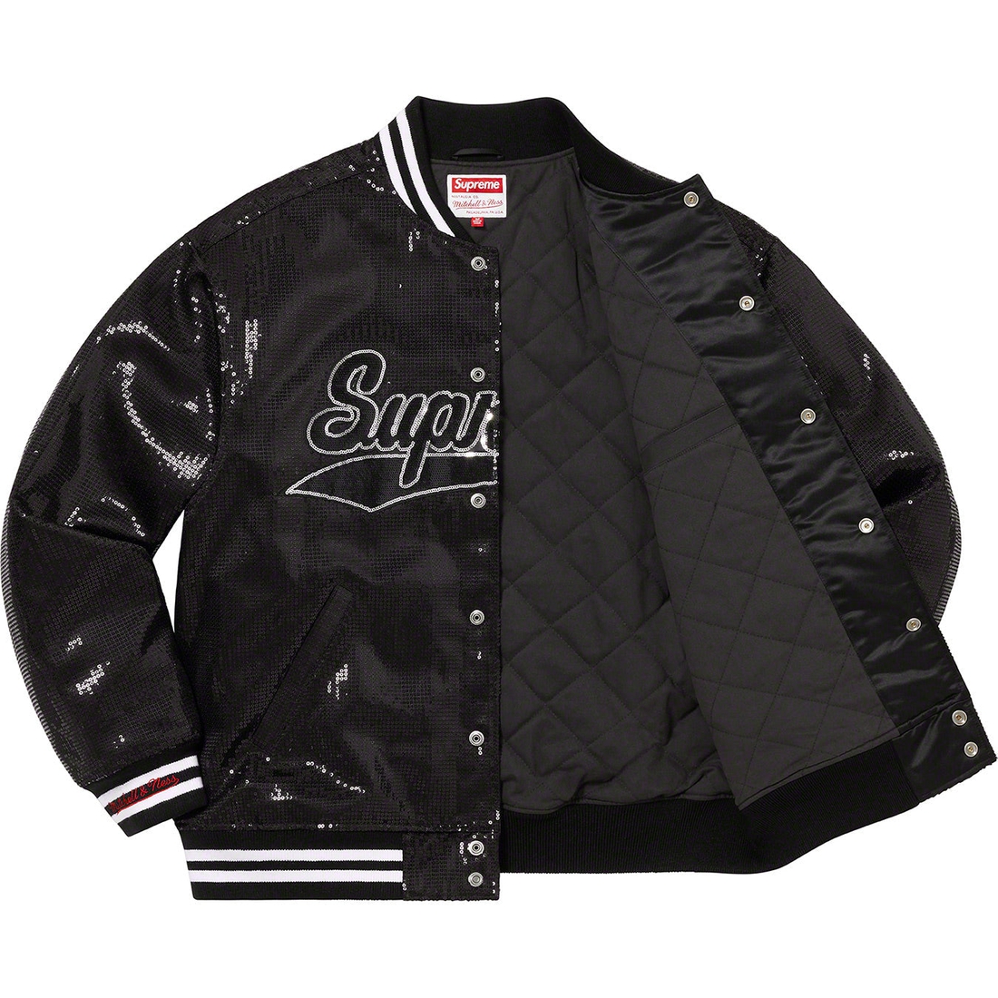 Details on Supreme Mitchell & Ness Sequin Varsity Jacket Black from spring summer 2023 (Price is $398)