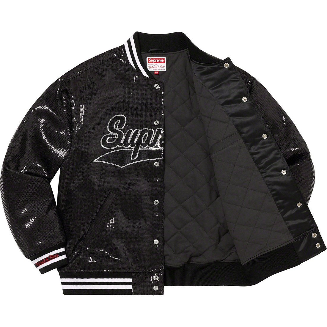 Details on Supreme Mitchell & Ness Sequin Varsity Jacket Black from spring summer
                                                    2023 (Price is $398)