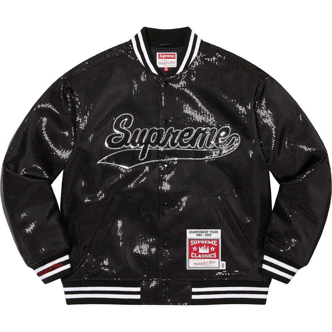 Details on Supreme Mitchell & Ness Sequin Varsity Jacket Black from spring summer
                                                    2023 (Price is $398)