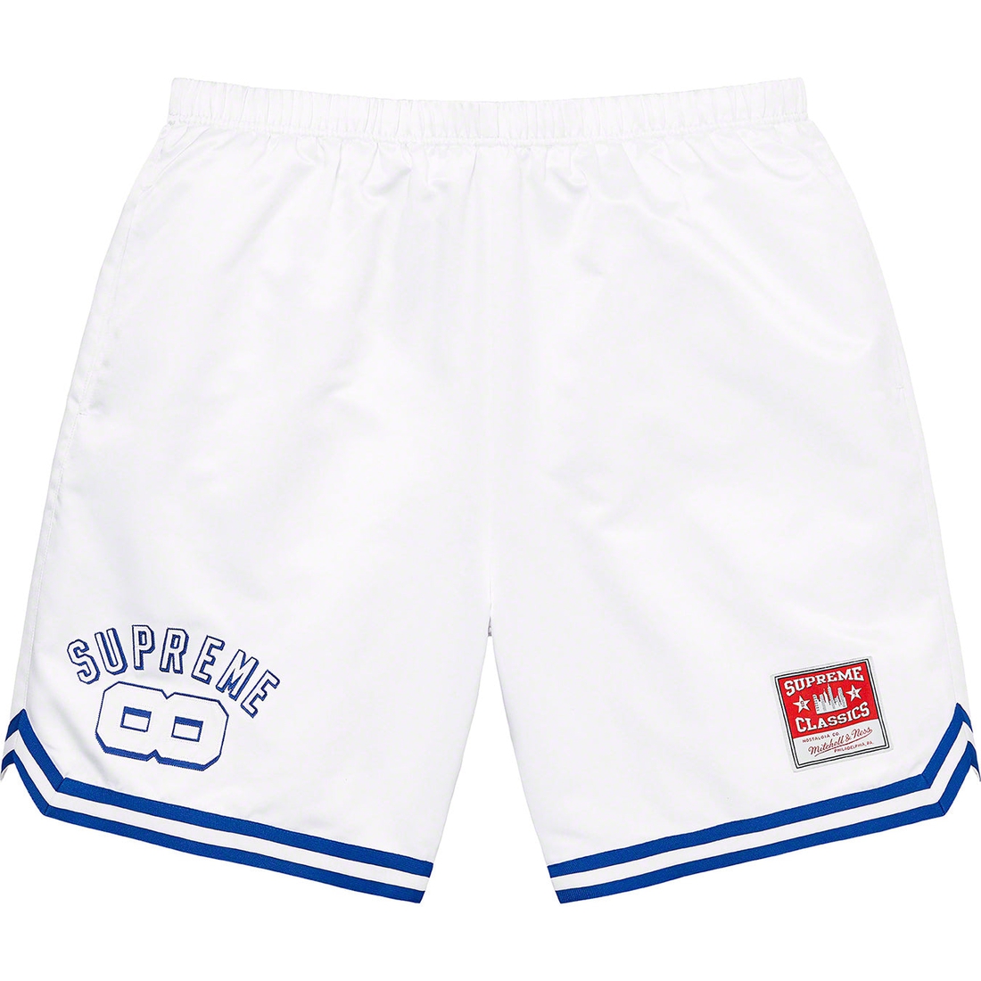 Details on Supreme Mitchell & Ness Satin Basketball Short White from spring summer 2023 (Price is $138)