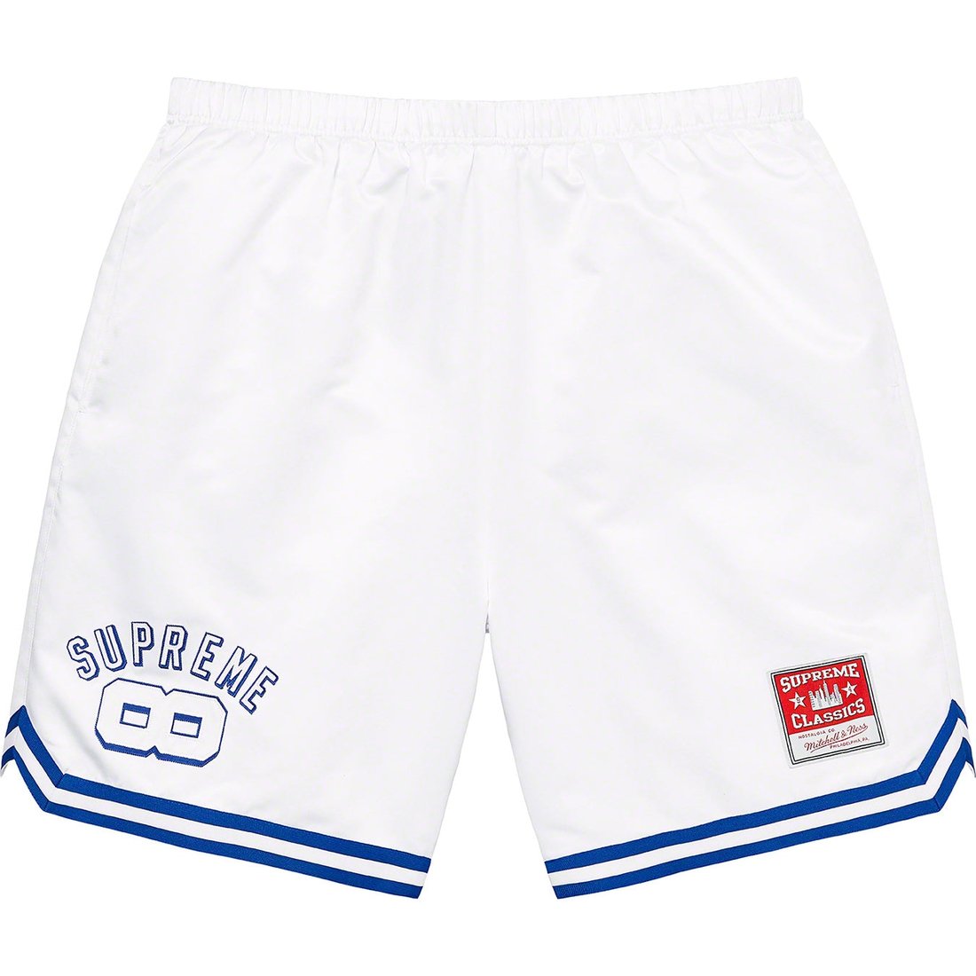 Details on Supreme Mitchell & Ness Satin Basketball Short White from spring summer
                                                    2023 (Price is $138)