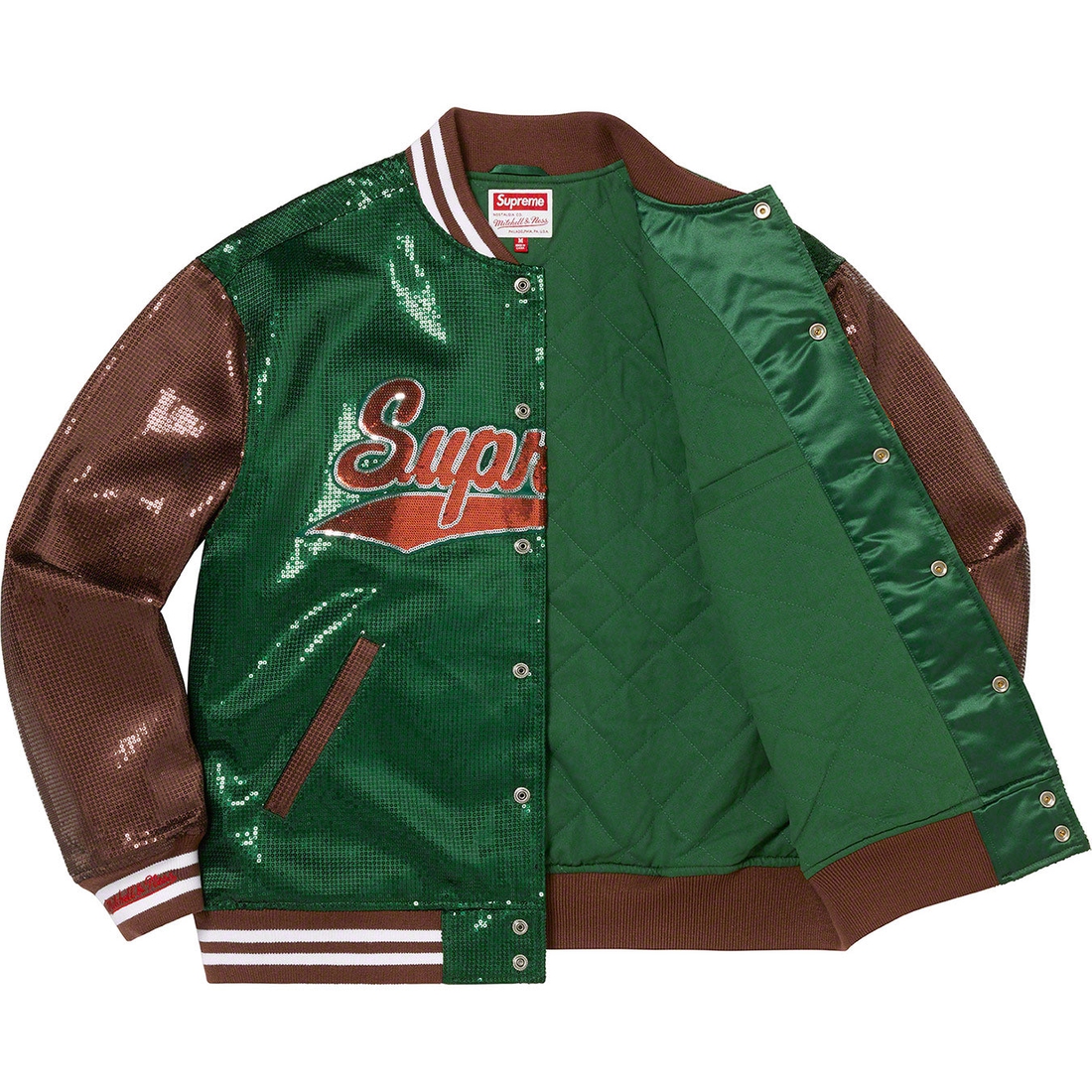 Details on Supreme Mitchell & Ness Sequin Varsity Jacket Green from spring summer 2023 (Price is $398)