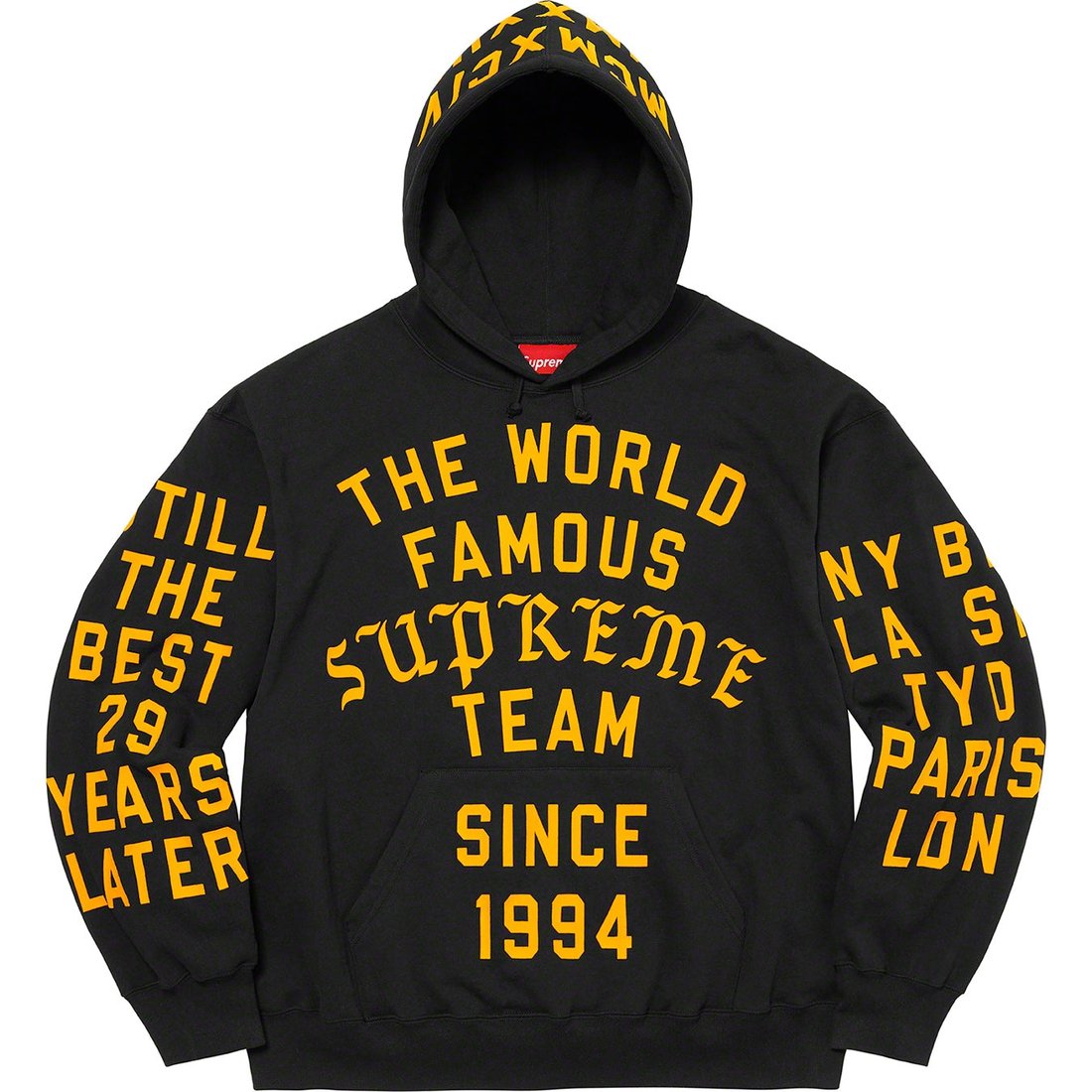 Details on Supreme Team Flocked Hooded Sweatshirt Black from spring summer 2023 (Price is $178)