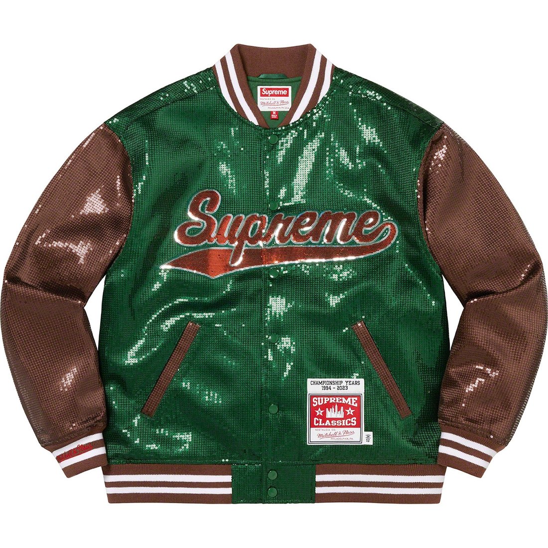 Details on Supreme Mitchell & Ness Sequin Varsity Jacket Green from spring summer
                                                    2023 (Price is $398)