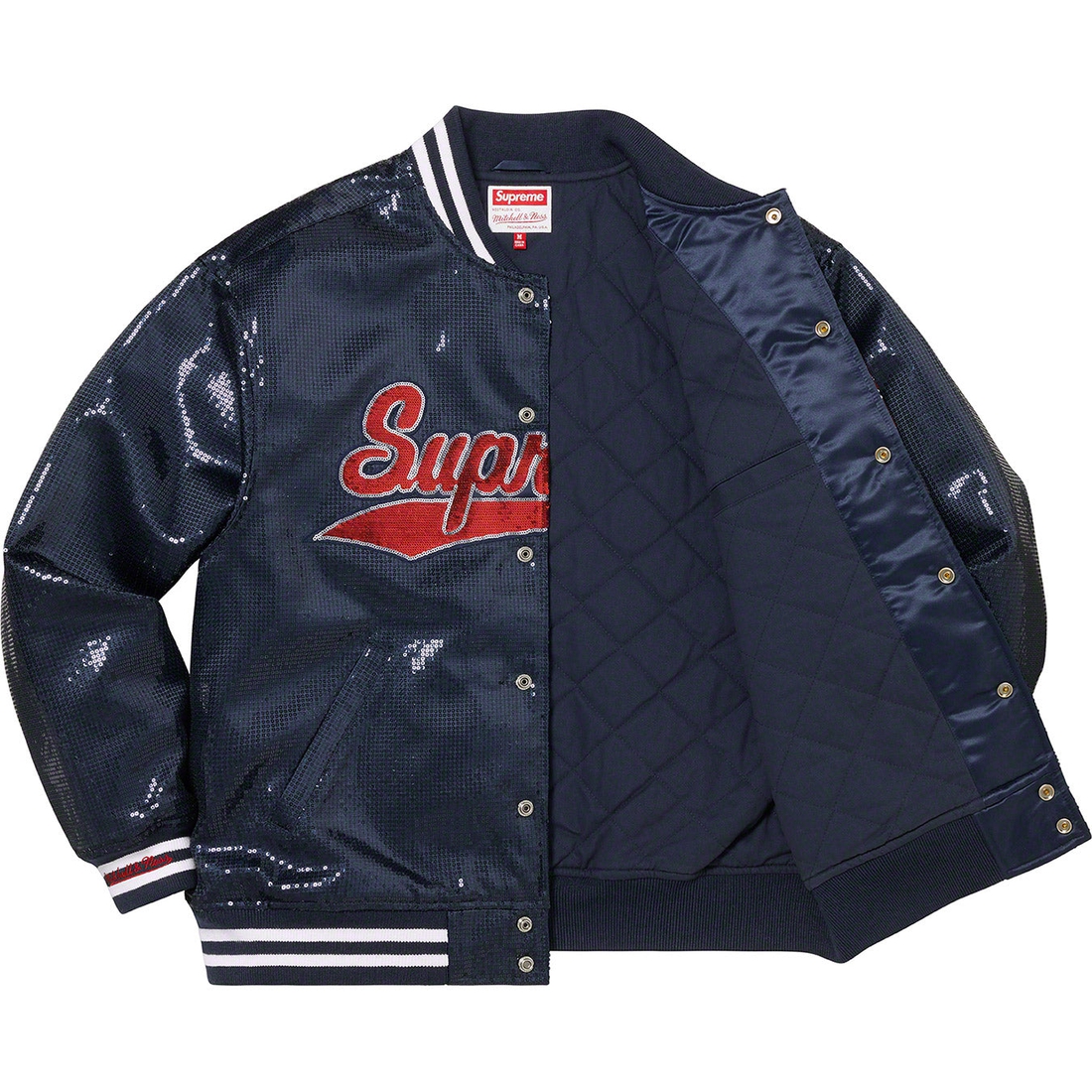 Details on Supreme Mitchell & Ness Sequin Varsity Jacket Navy from spring summer
                                                    2023 (Price is $398)