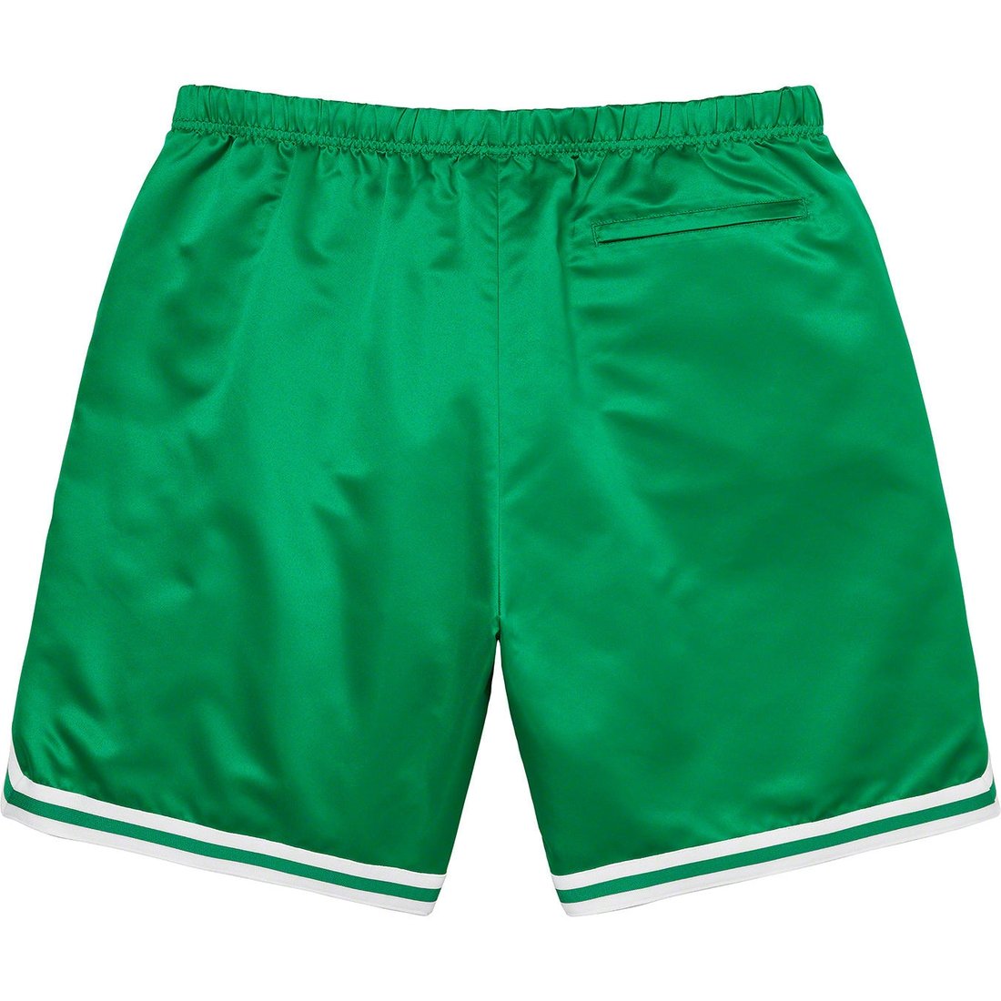 Details on Supreme Mitchell & Ness Satin Basketball Short Green from spring summer 2023 (Price is $138)