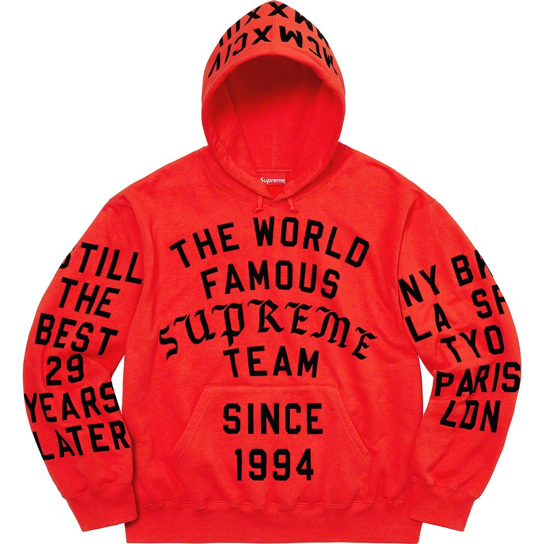 Details on Supreme Team Flocked Hooded Sweatshirt Bright Red from spring summer
                                                    2023 (Price is $178)