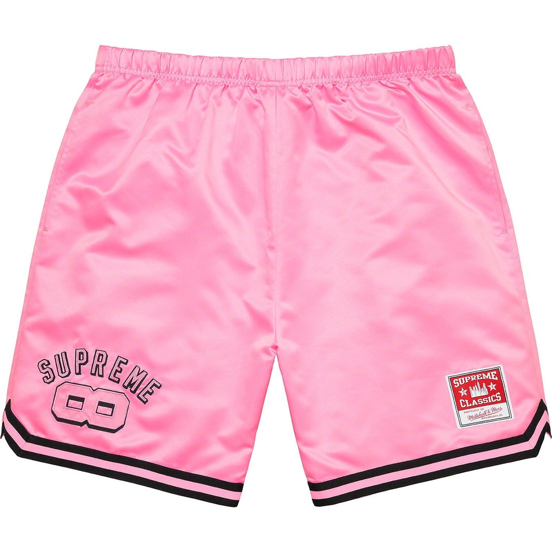 Details on Supreme Mitchell & Ness Satin Basketball Short Pink from spring summer 2023 (Price is $138)