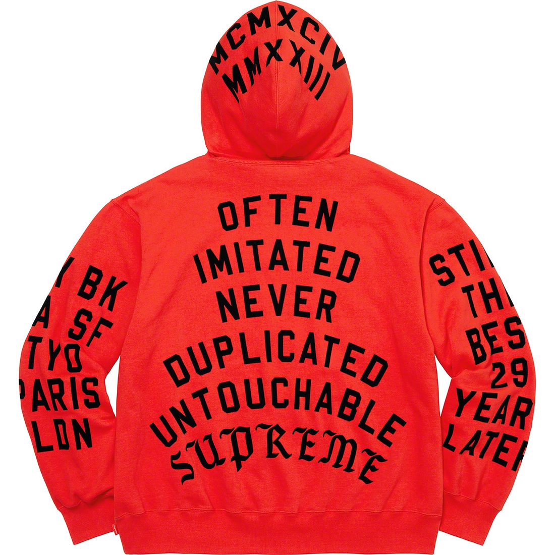 Details on Supreme Team Flocked Hooded Sweatshirt Bright Red from spring summer 2023 (Price is $178)