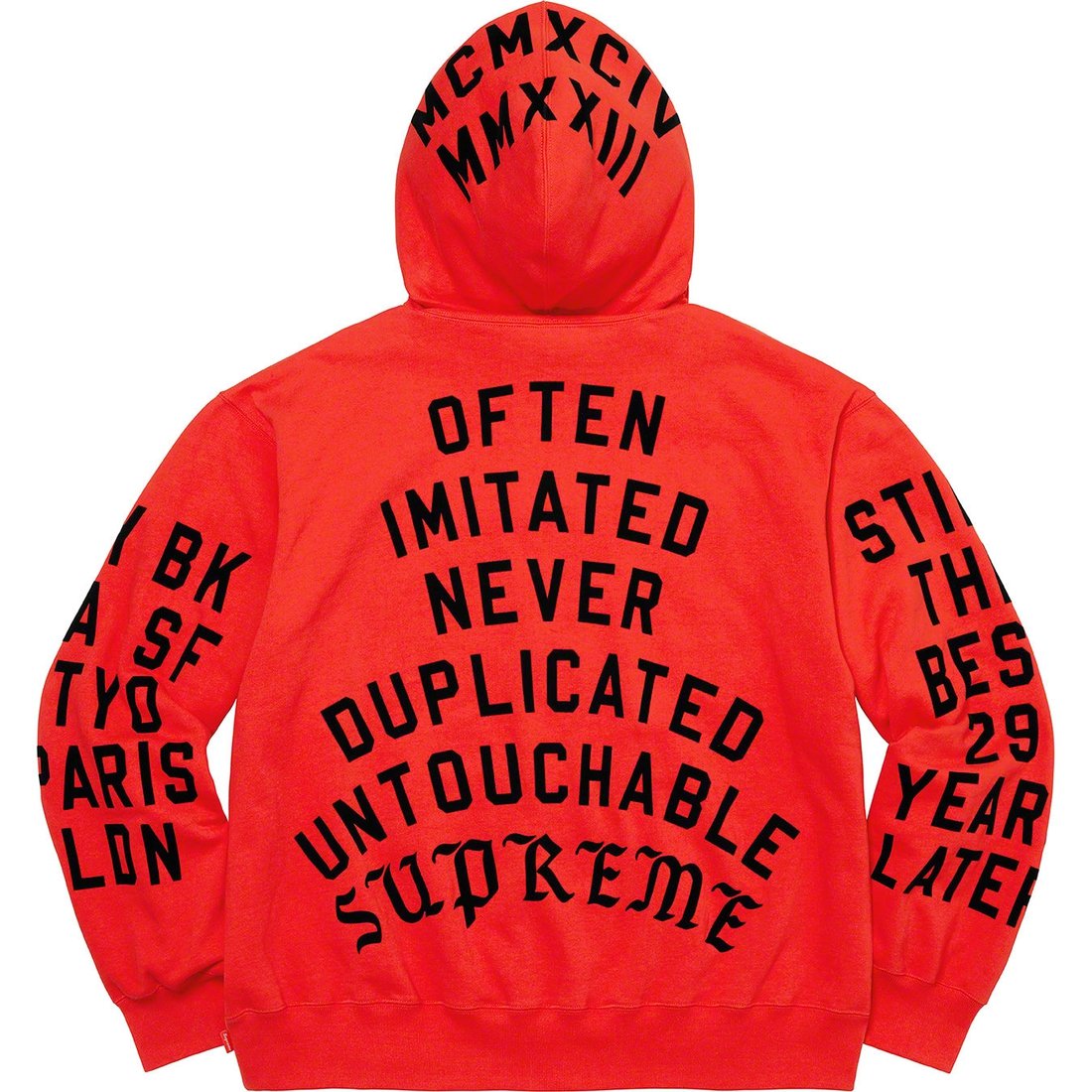 Details on Supreme Team Flocked Hooded Sweatshirt Bright Red from spring summer
                                                    2023 (Price is $178)