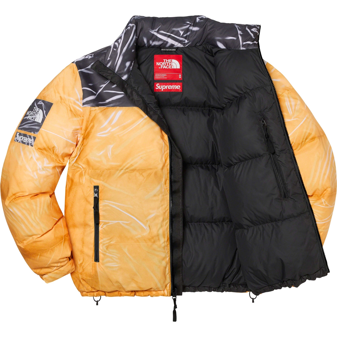 Details on Supreme The North Face Trompe L’oeil Printed Nuptse Jacket Yellow from spring summer 2023 (Price is $398)
