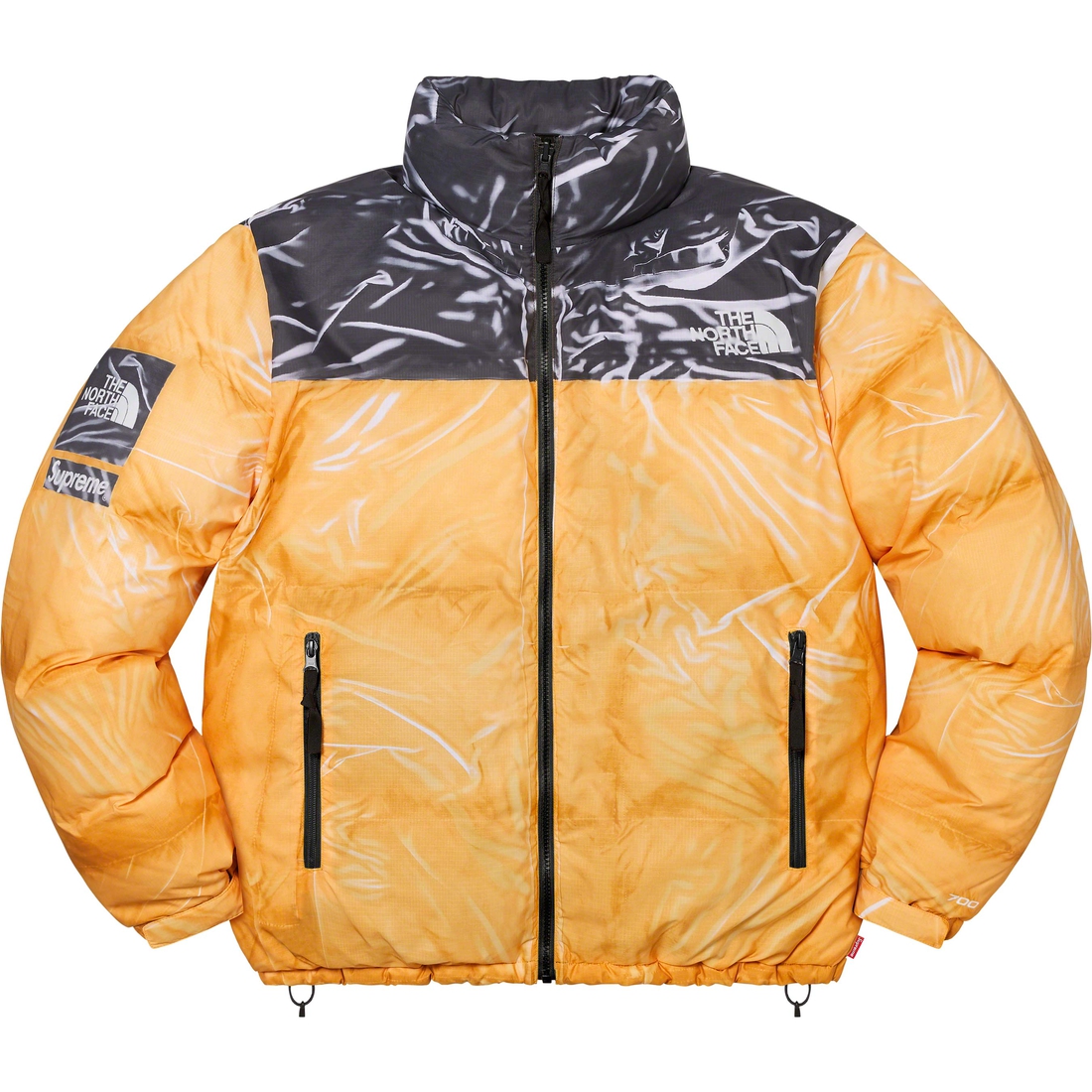 Details on Supreme The North Face Trompe L’oeil Printed Nuptse Jacket Yellow from spring summer 2023 (Price is $398)