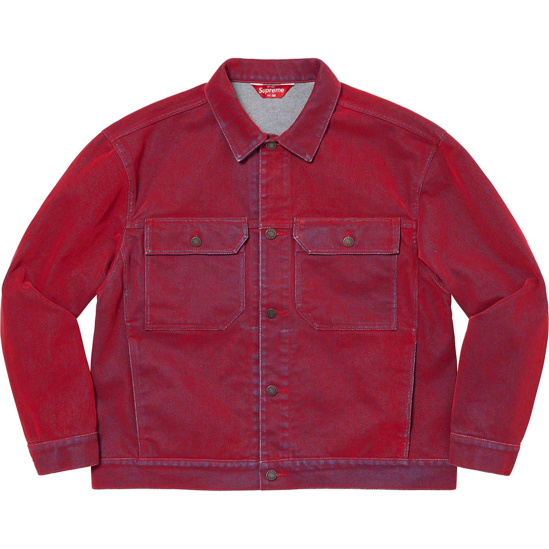 Details on Flocked Denim Trucker Jacket Red from spring summer
                                                    2023 (Price is $228)