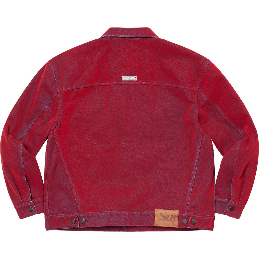 Details on Flocked Denim Trucker Jacket Red from spring summer
                                                    2023 (Price is $228)