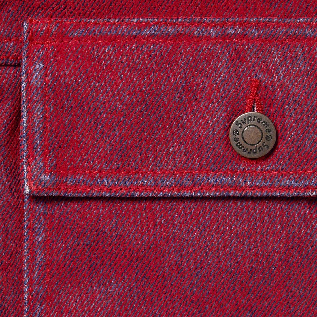 Details on Flocked Denim Trucker Jacket Red from spring summer
                                                    2023 (Price is $228)