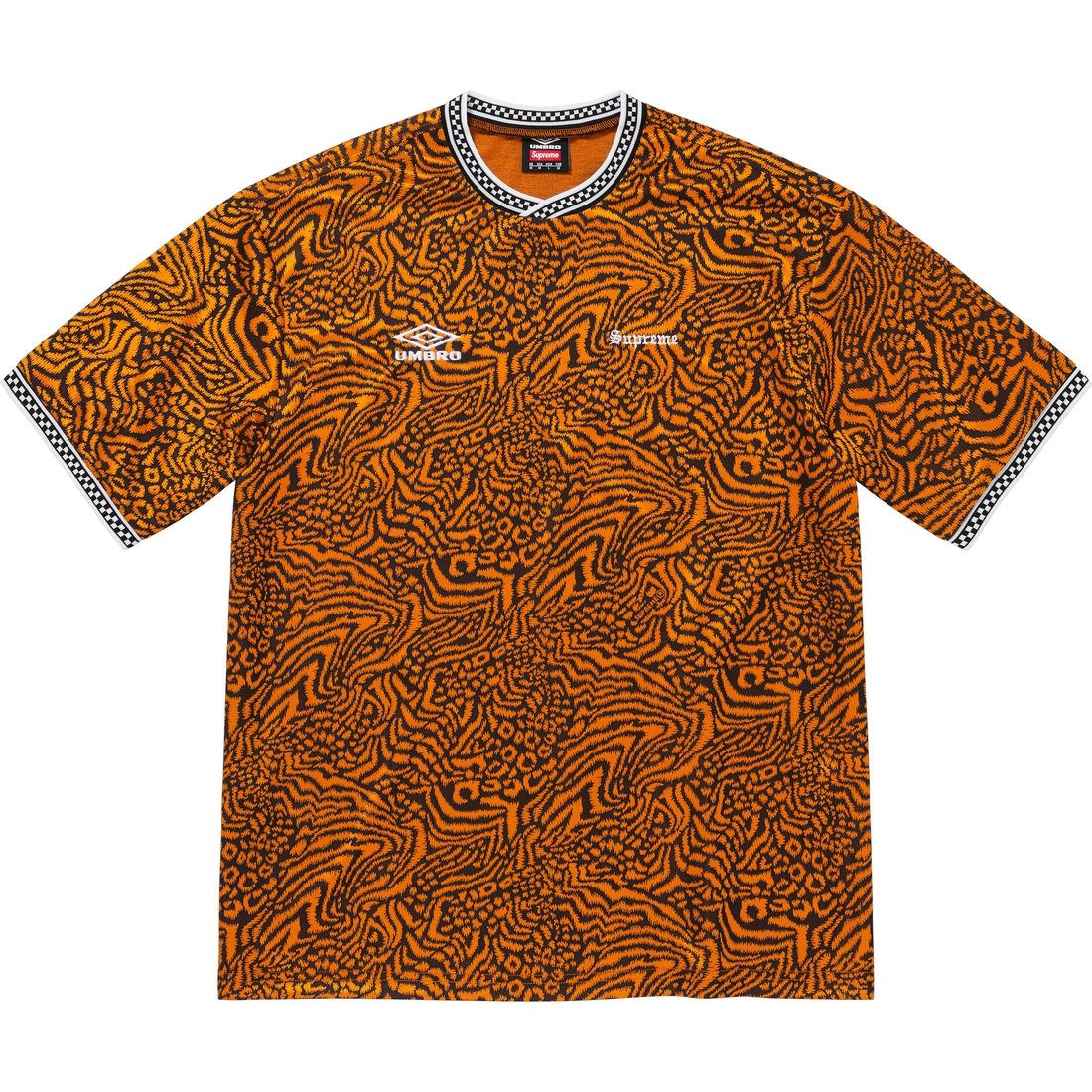 Details on Supreme Umbro Jacquard Animal Print Soccer Jersey Orange from spring summer 2023 (Price is $98)