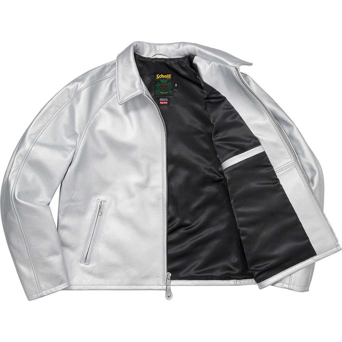 Details on Supreme Schott Leather Racer Jacket Silver from spring summer 2023 (Price is $798)