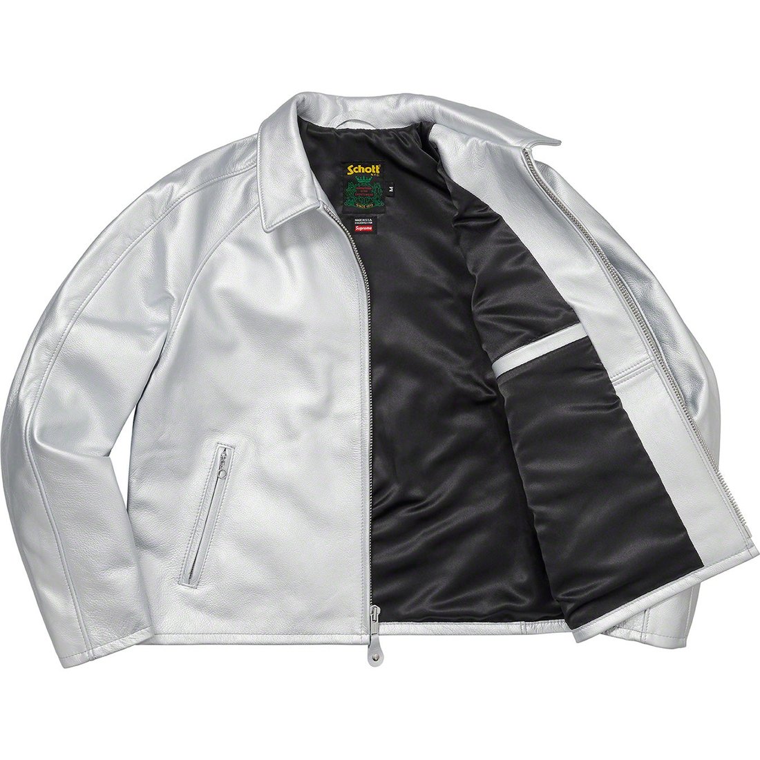 Details on Supreme Schott Leather Racer Jacket Silver from spring summer
                                                    2023 (Price is $798)