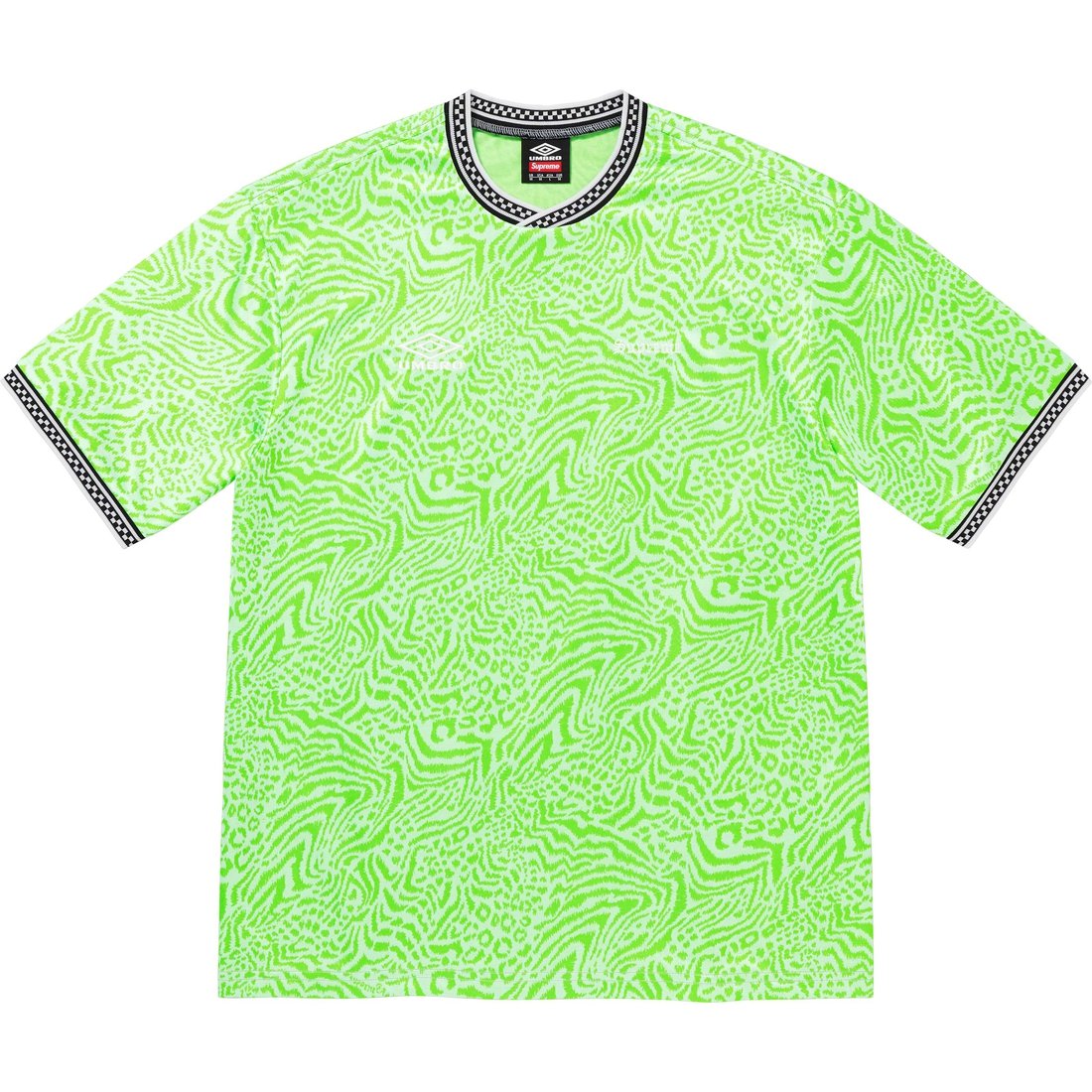 Details on Supreme Umbro Jacquard Animal Print Soccer Jersey White from spring summer 2023 (Price is $98)