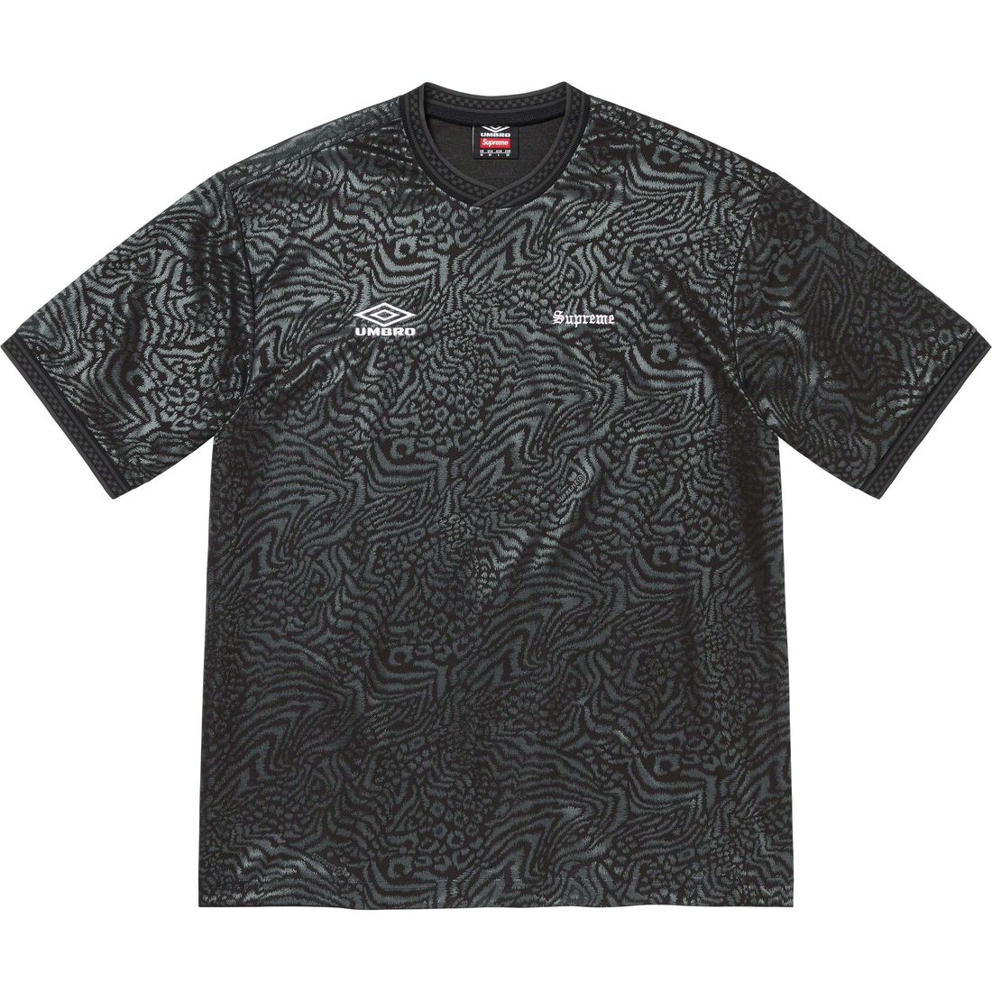 Details on Supreme Umbro Jacquard Animal Print Soccer Jersey Black from spring summer
                                                    2023 (Price is $98)