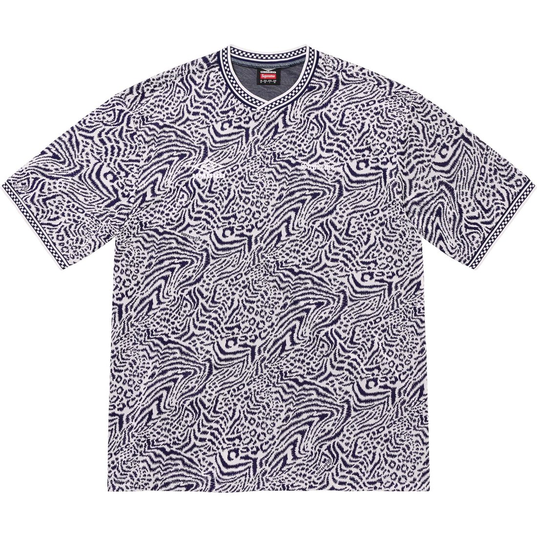Details on Supreme Umbro Jacquard Animal Print Soccer Jersey Navy from spring summer 2023 (Price is $98)