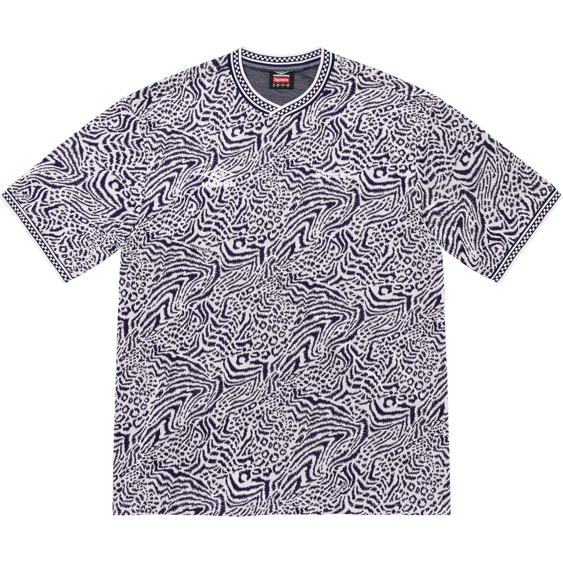 Details on Supreme Umbro Jacquard Animal Print Soccer Jersey Navy from spring summer
                                                    2023 (Price is $98)