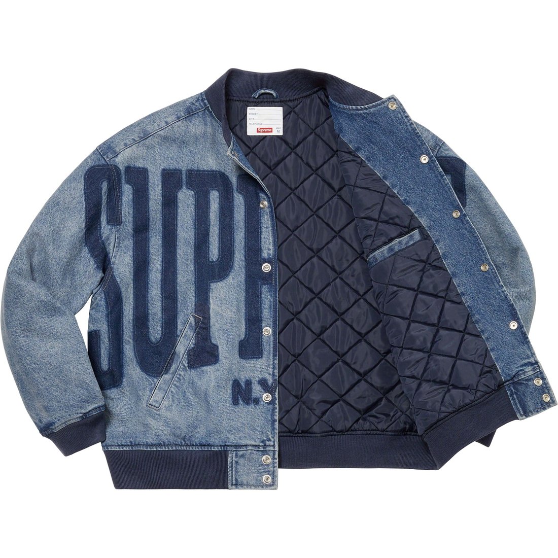 Details on Washed Knockout Denim Varsity Jacket Washed Blue from spring summer
                                                    2023 (Price is $248)