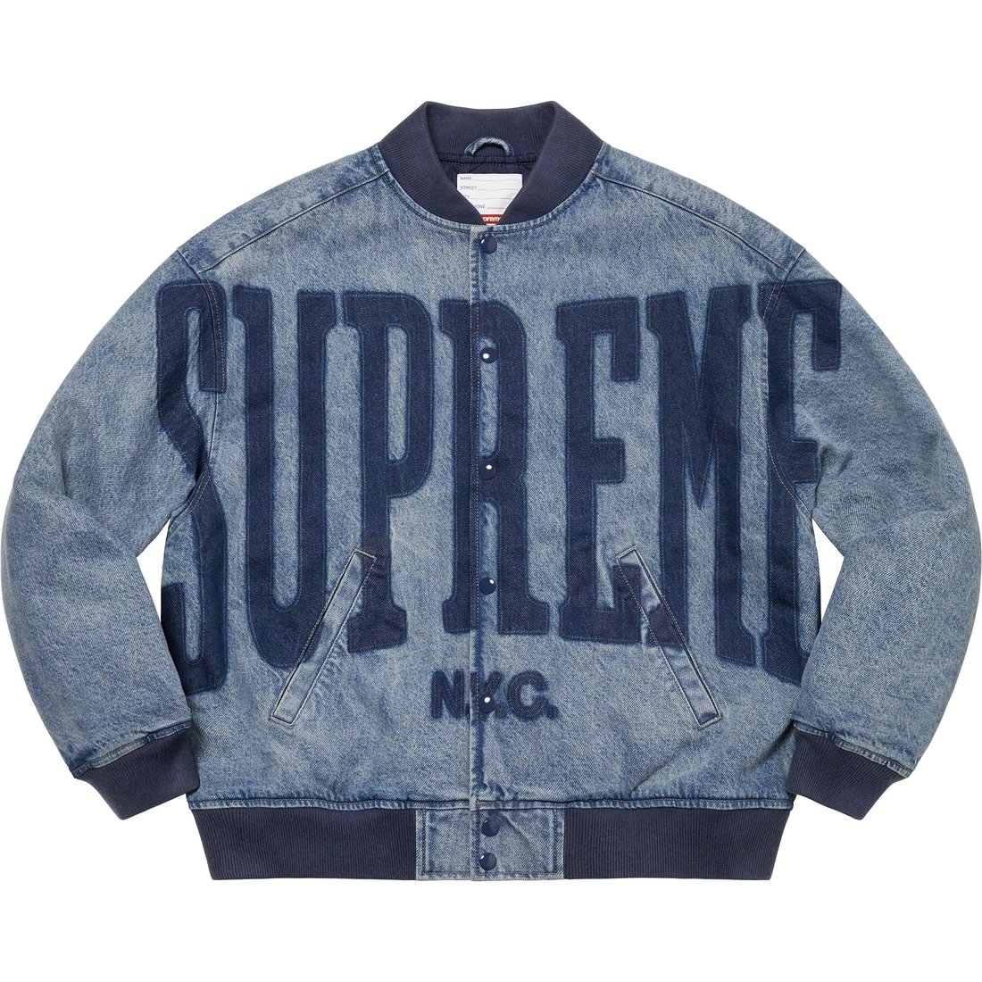 Details on Washed Knockout Denim Varsity Jacket Washed Blue from spring summer
                                                    2023 (Price is $248)