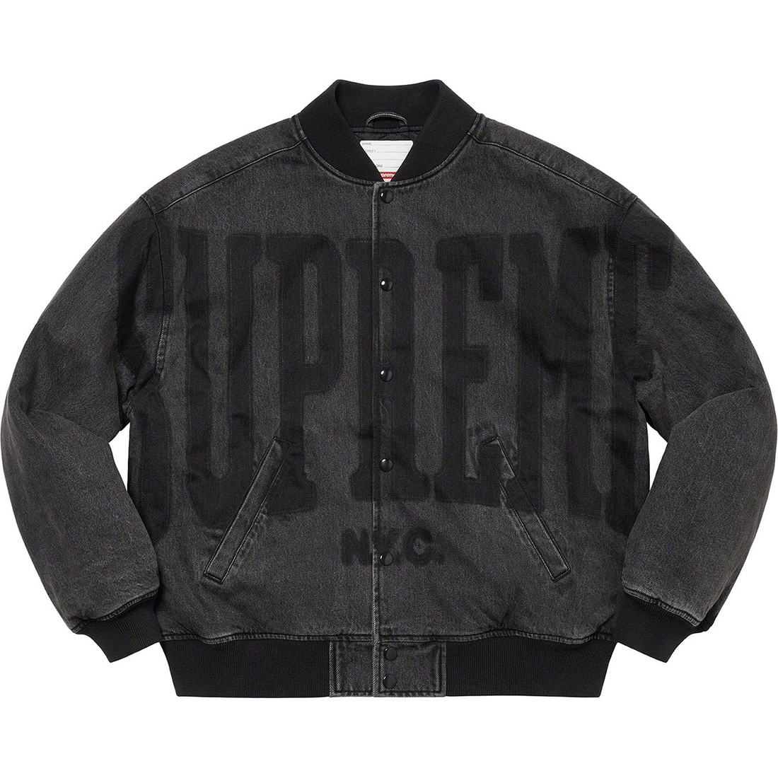 Details on Washed Knockout Denim Varsity Jacket Washed Black from spring summer
                                                    2023 (Price is $248)