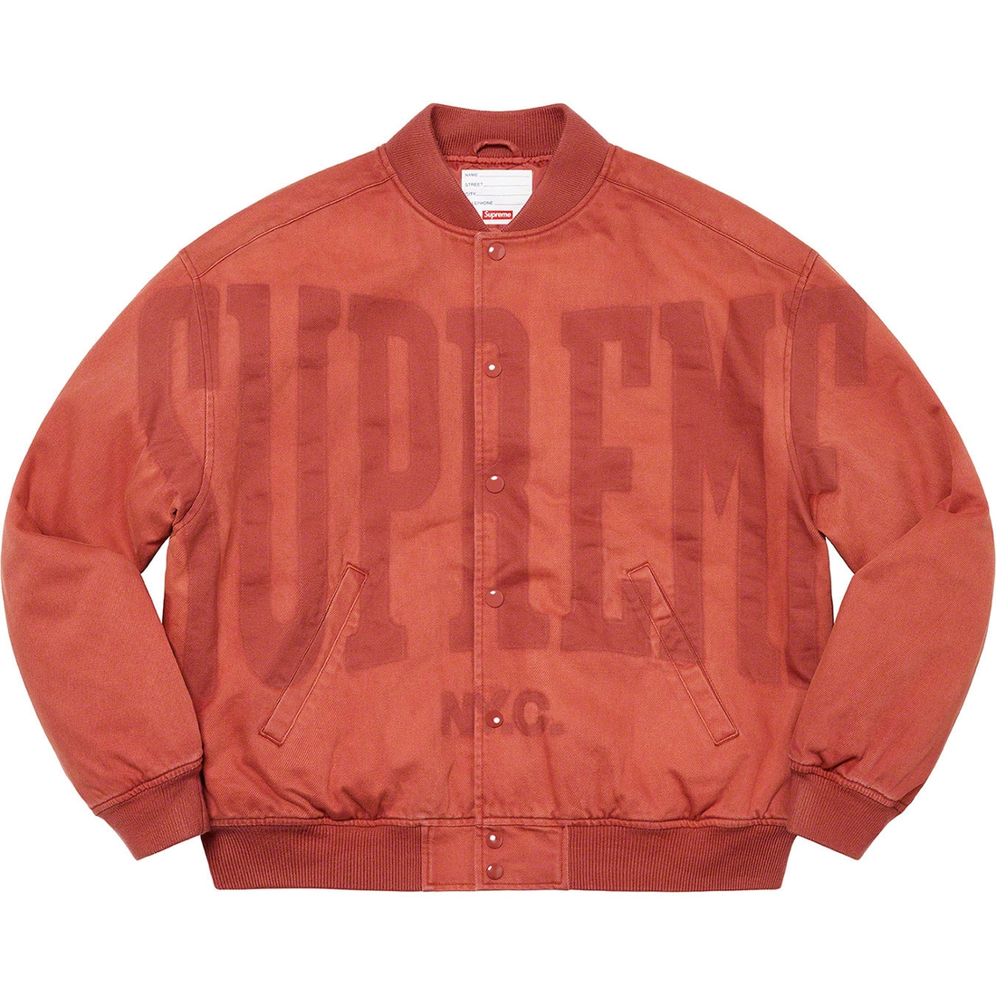 Details on Washed Knockout Denim Varsity Jacket Rust from spring summer
                                                    2023 (Price is $248)