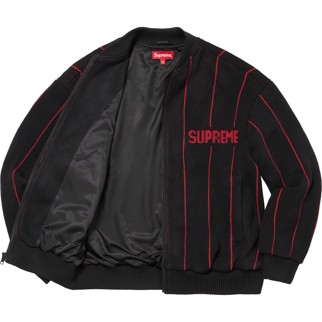 Details on Pinstripe Varsity Zip Up Sweater Black from spring summer
                                                    2023 (Price is $198)