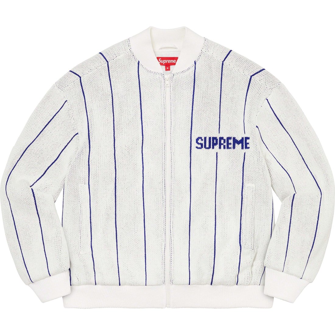 Details on Pinstripe Varsity Zip Up Sweater White from spring summer 2023 (Price is $198)